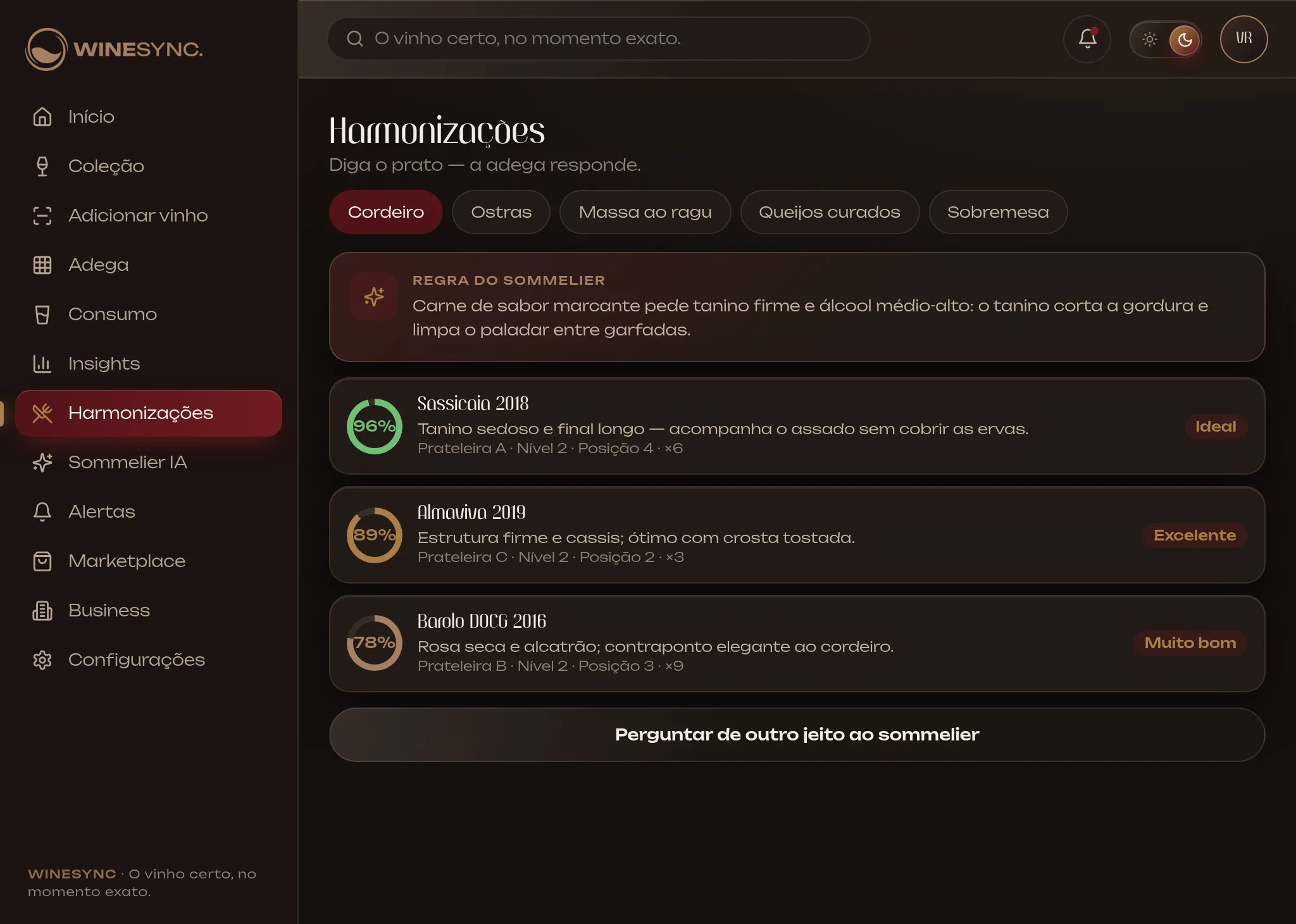 Tela Harmonizações do WineSync no iPad